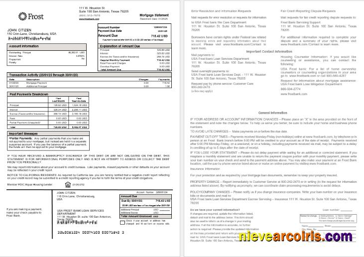 USA Frost bank mortgage statement